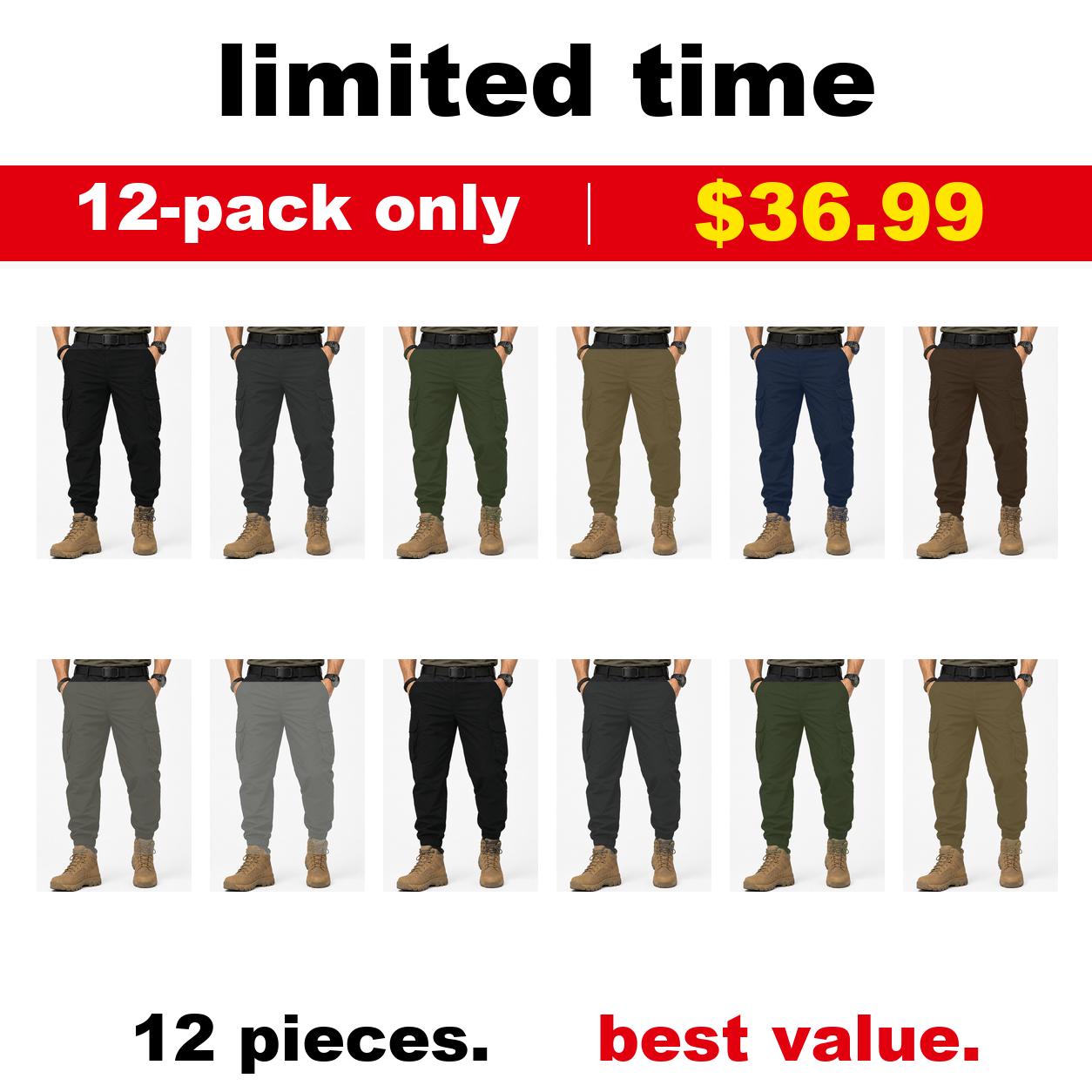 Pack & Save Men's Lightweight Tactical Cargo Jogger Pants, Elastic Cuff Utility Work Pants with Multi-Pocket Storage