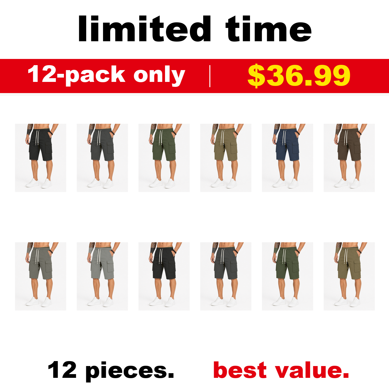 Pack & Save Men's Lightweight Drawstring Cargo Shorts, Elastic Waist Utility Summer Shorts with Multi-Pocket Storage