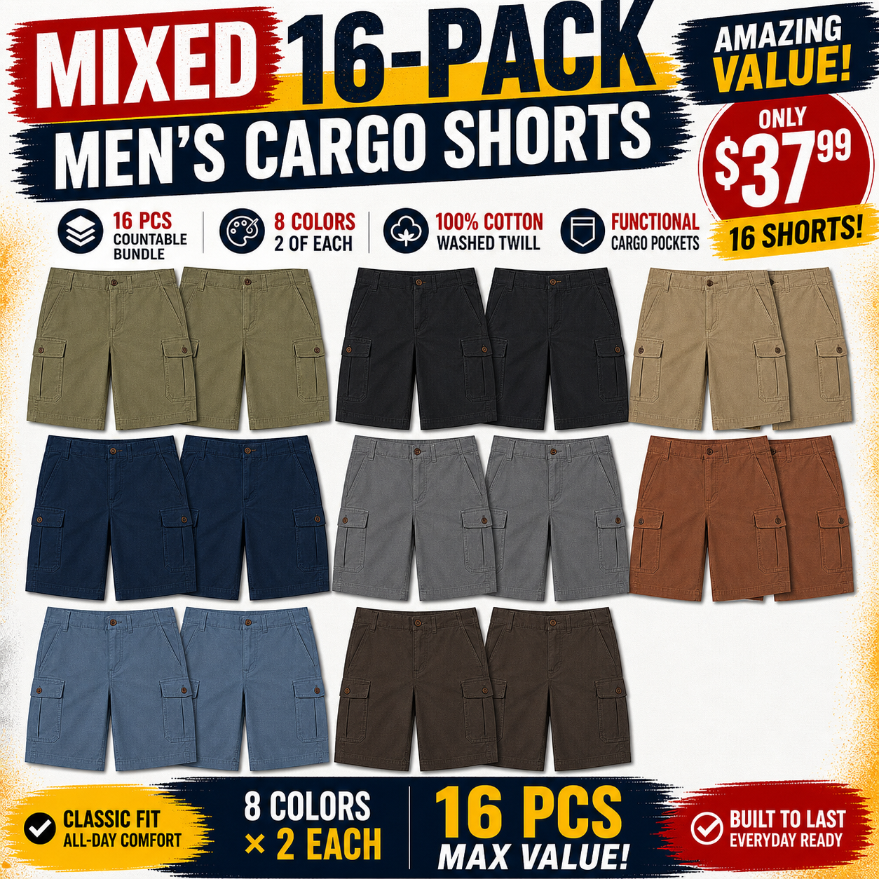 Mixed 16-Pack promo image for men's washed cargo shorts