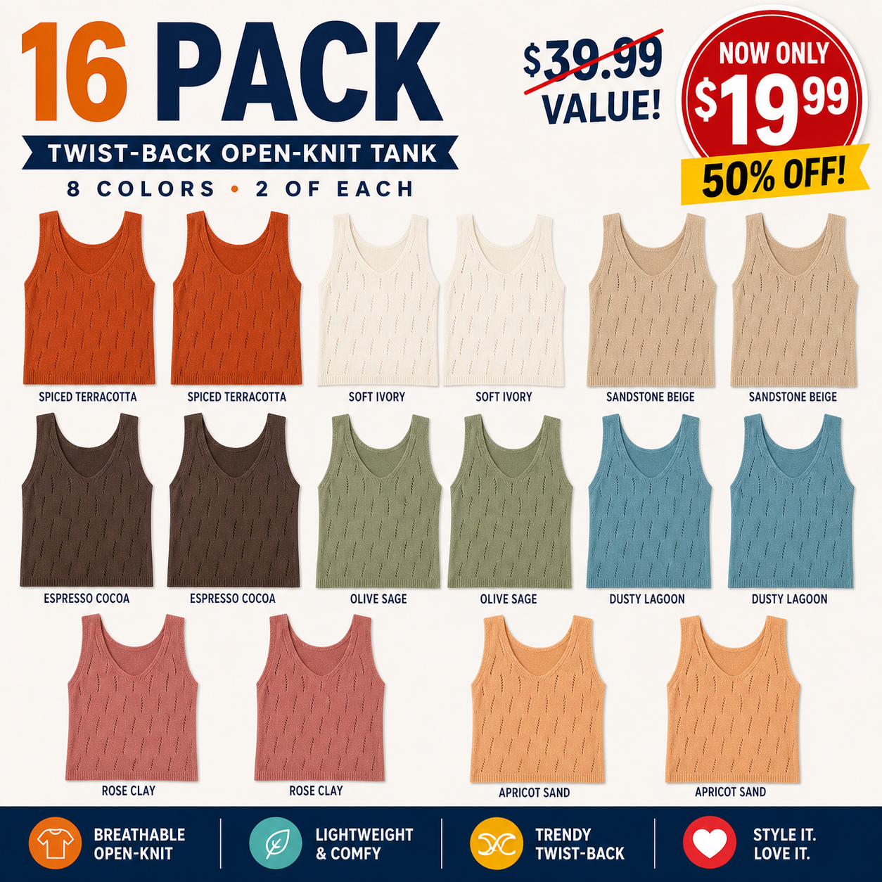Mixed 16-Pack women's open-knit twist-back sweater tank bundle