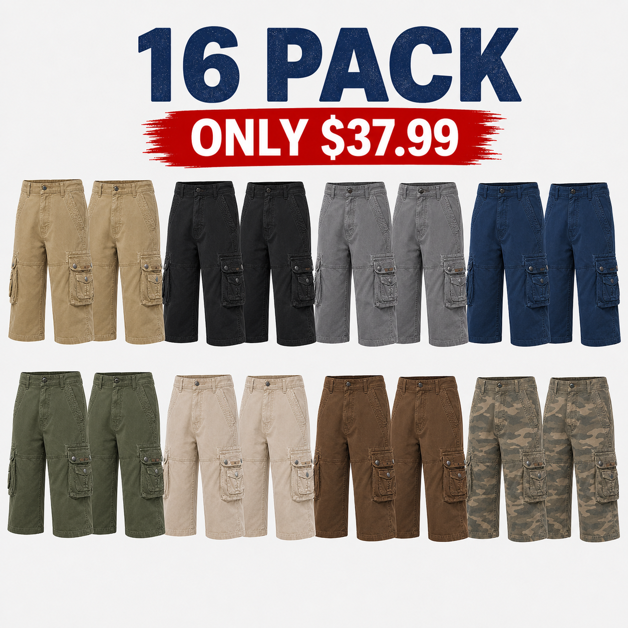 Mixed 16-Pack ecommerce promo for men's washed twill cargo capri pants