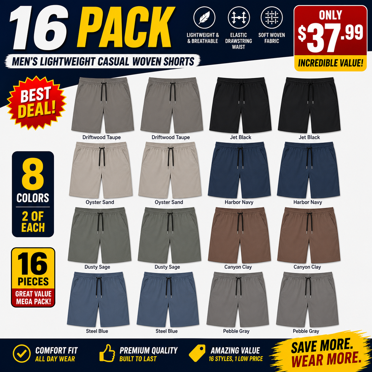 Mixed 16-Pack men's woven drawstring shorts bundle image