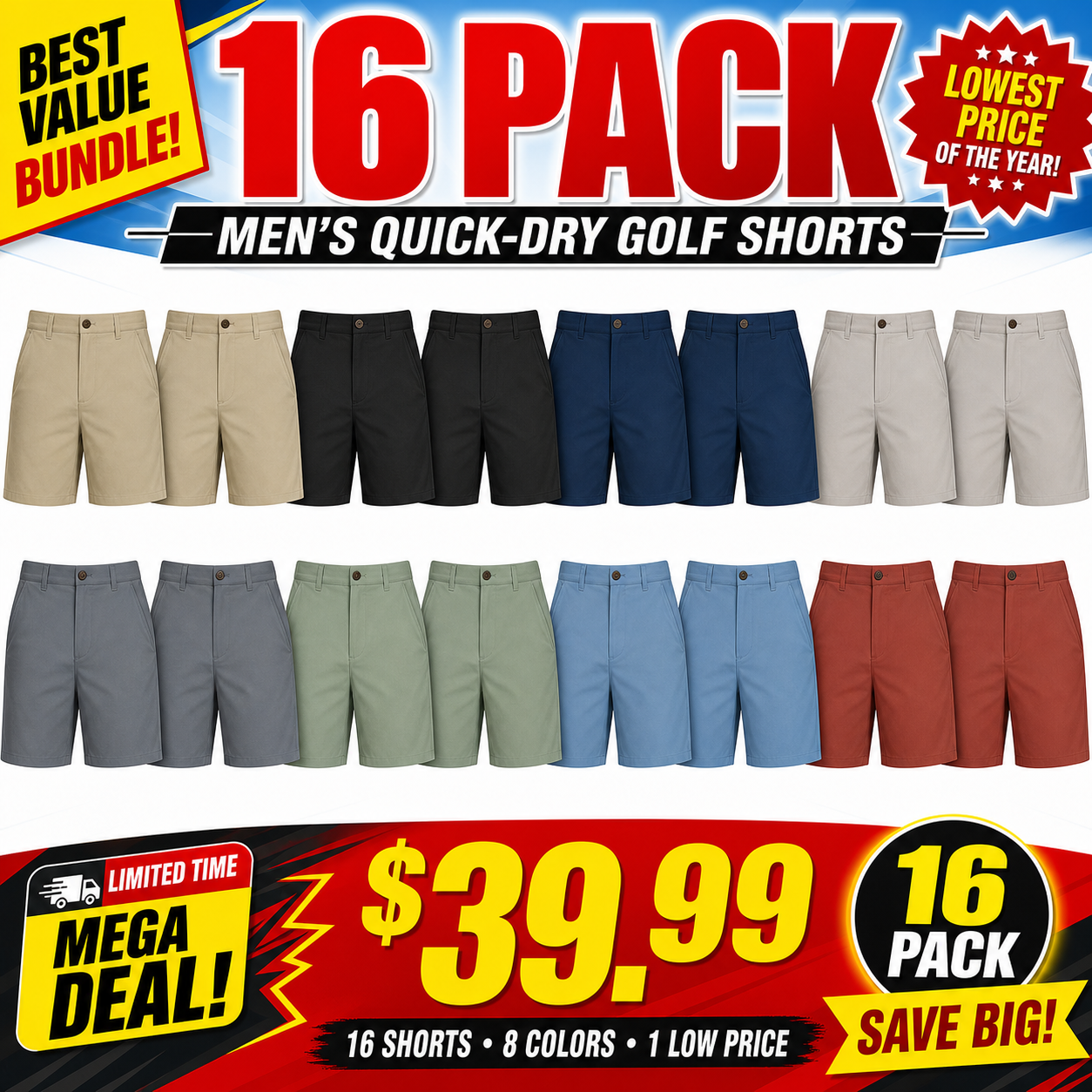 Mixed 16-Pack quick-dry golf shorts bundle