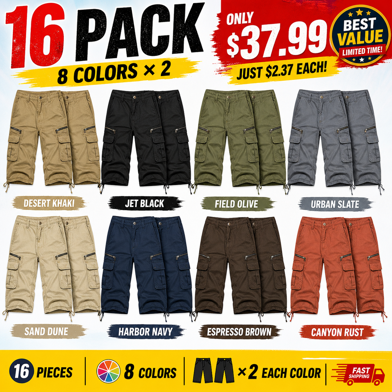 Mixed 16-Pack men's cropped cargo capri pants bundle image