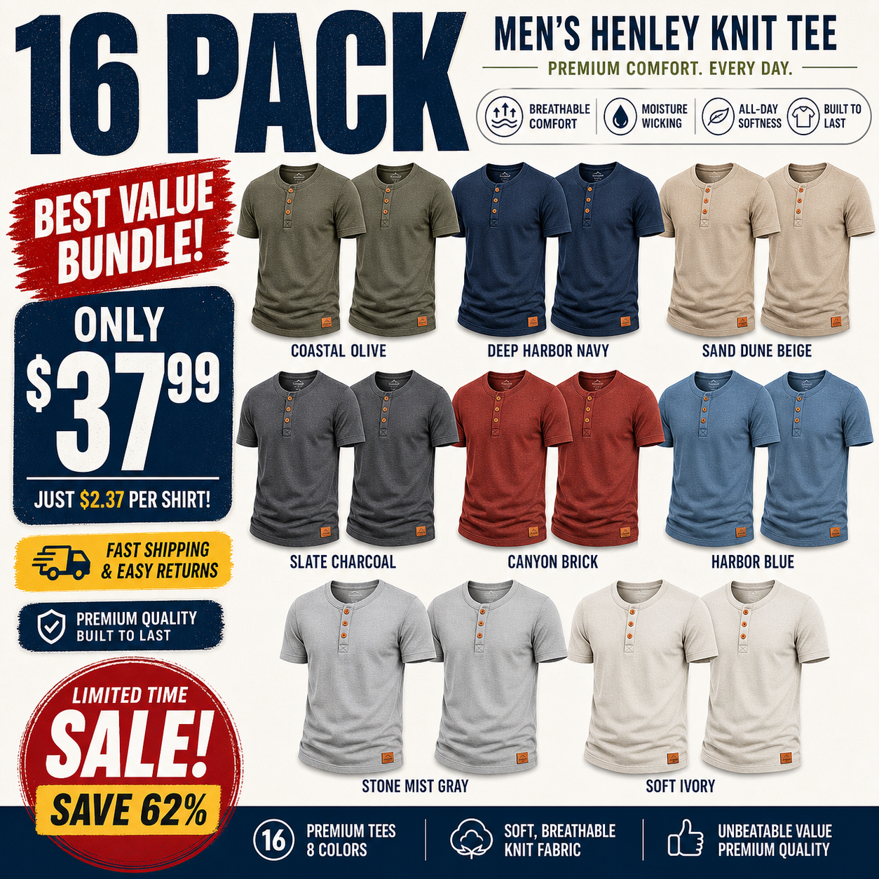 Mixed 16-Pack breathable henley knit tee bundle