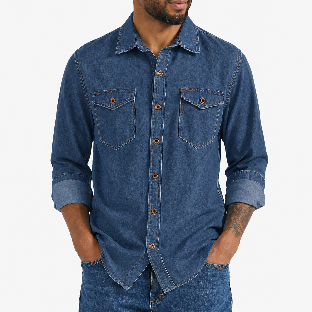 Deep indigo washed denim button-up shirt