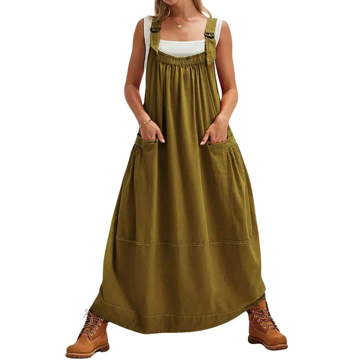 Sleeveless Strappy Maxi Dress with Big Pockets & Adjustable Straps