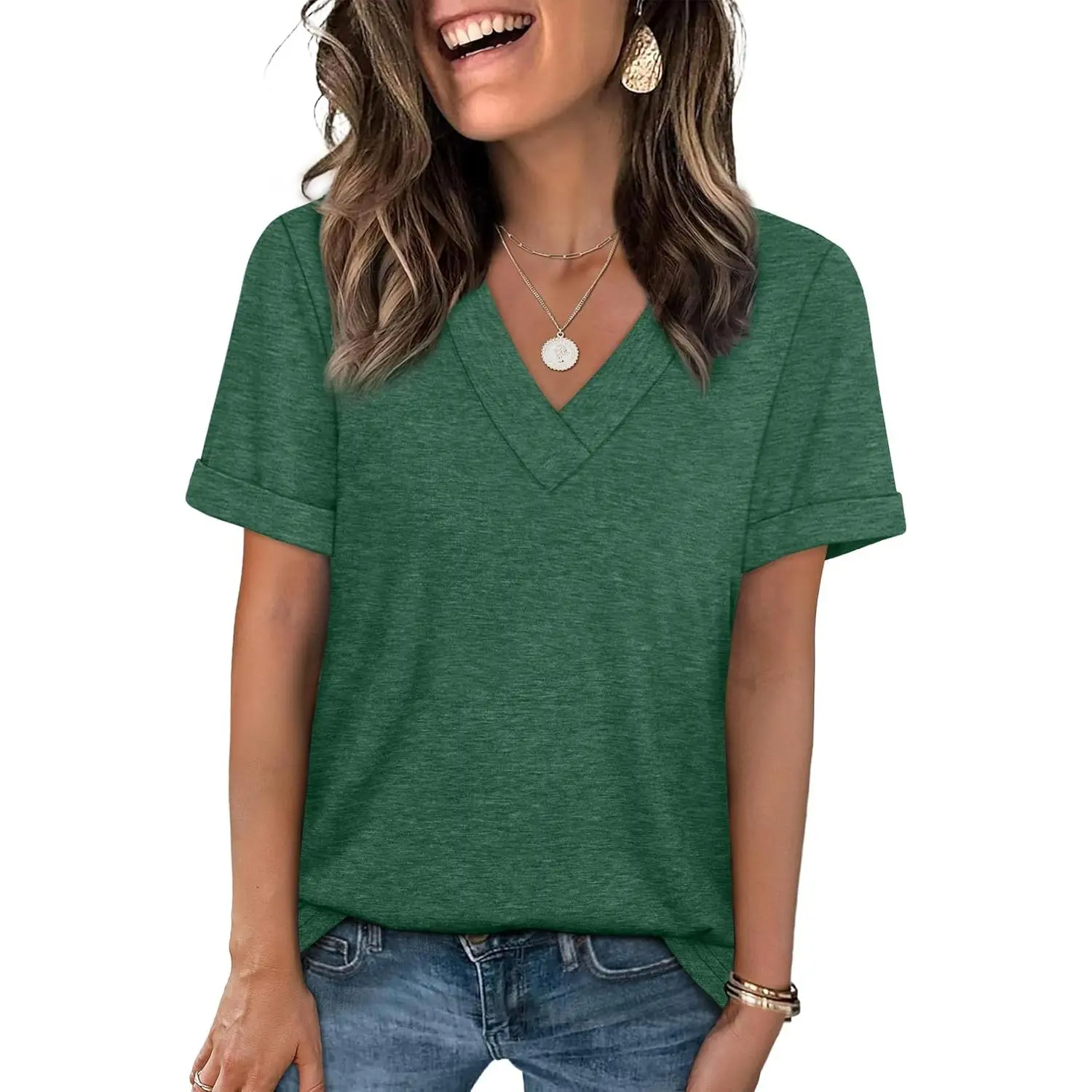 Women's Sleeve Basic Casual V Neck Tops Short