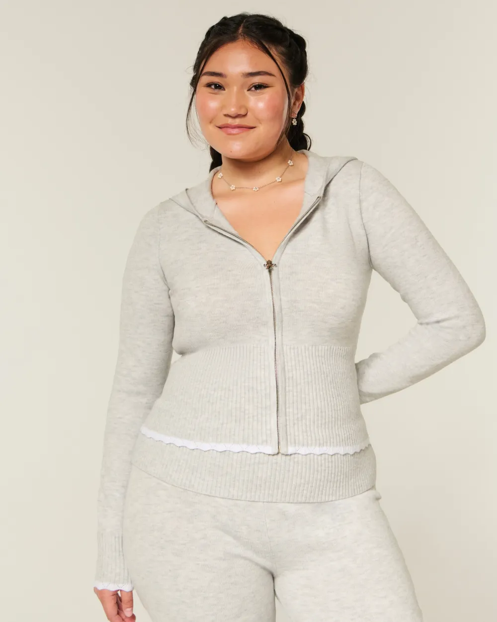 Cable-Knit Zip-Up Hoodie Sweater