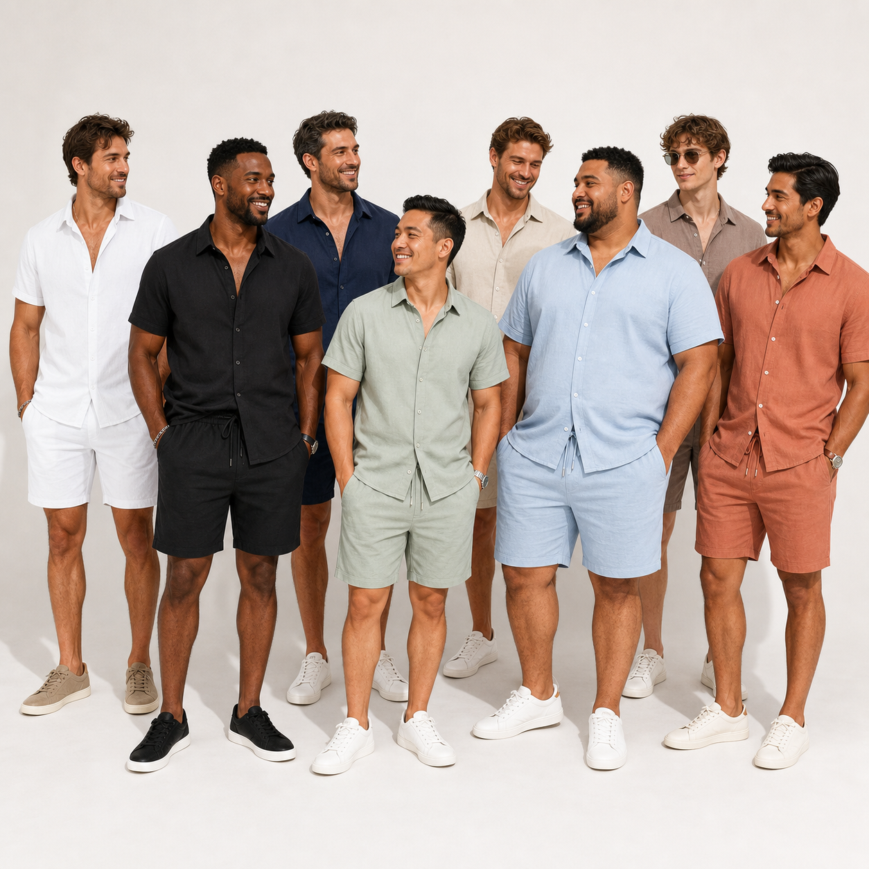 8-model group photo showing the matching set across different adult body types