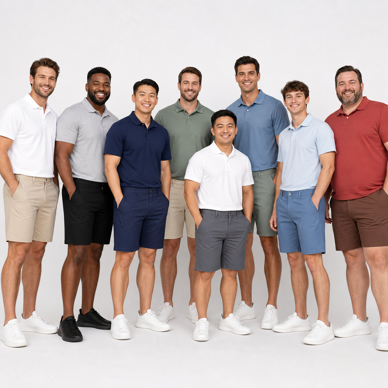 Eight adult men wearing the shorts across body types