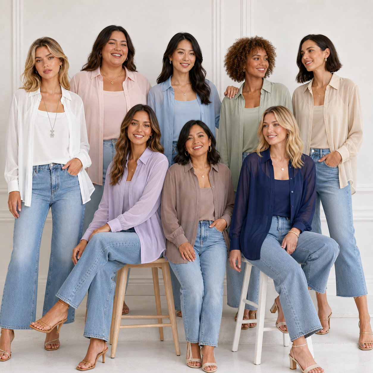 Eight-model group photo showing fit across adult body types