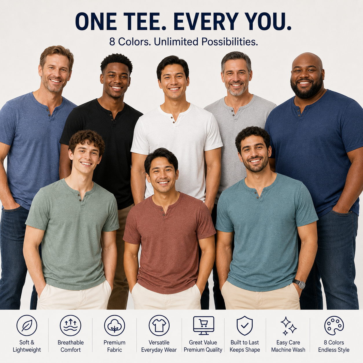 Men's V-neck tee lineup across all confirmed colors