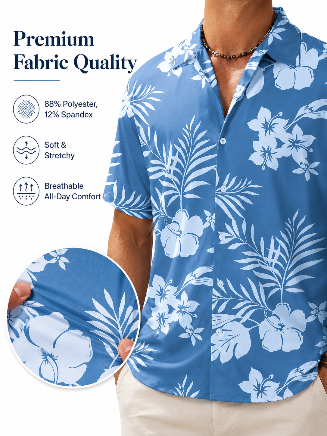 Fabric quality, soft stretch, and breathable comfort detail image