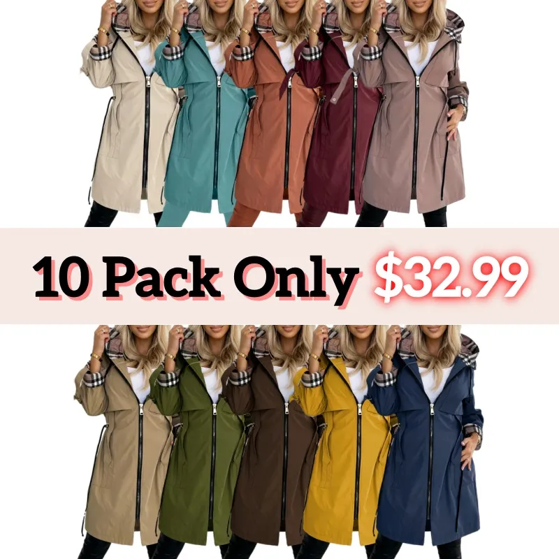 ⏰Winter Clearance Sale - 80% Off 🔥Women's Hooded Zipper Drawstring Plaid Print Casual Long Coat