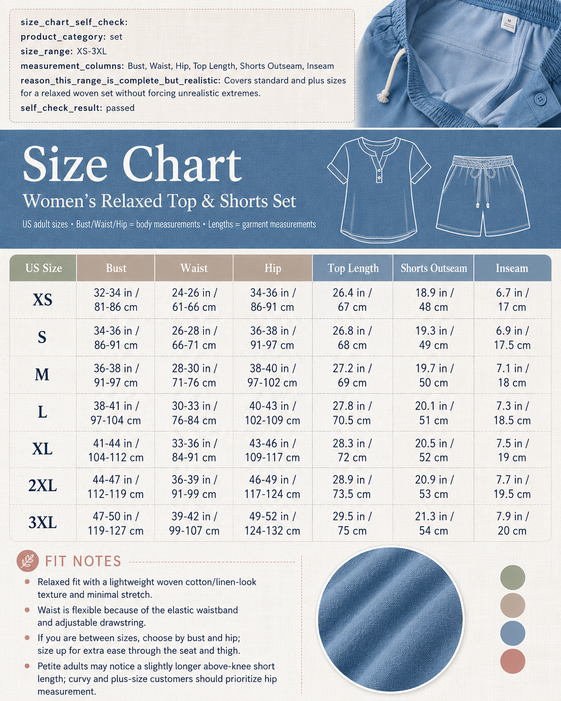 Size chart for women's relaxed top and shorts set