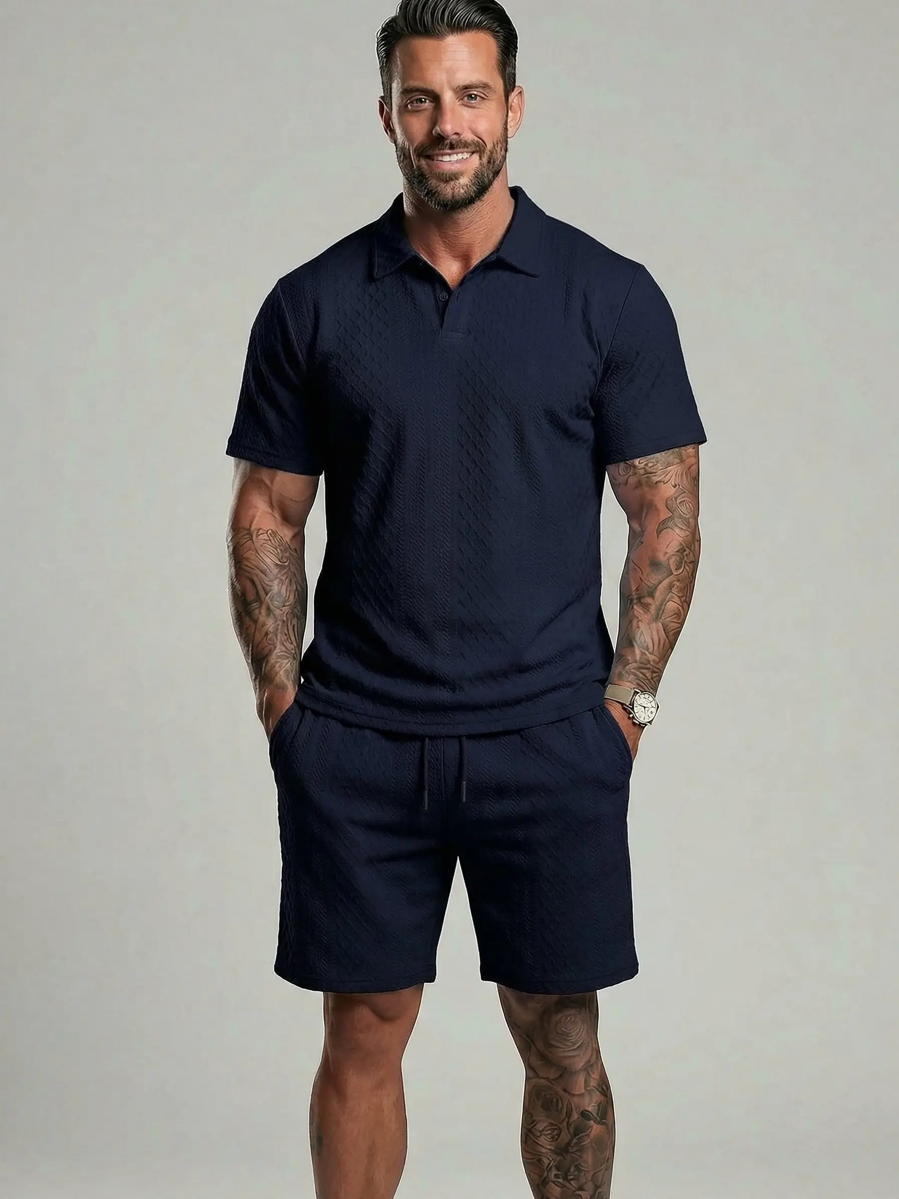 Men's Solid Polo Shirt & Drawstring Waist Shorts Set Cozy Breathable Two-piece Outfits for Daily Outdoor Wear Menswear Suits
