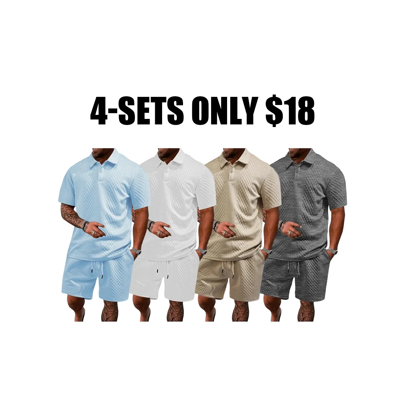 Men's Textured Polo Shirt & Drawstring Shorts Bundle Set