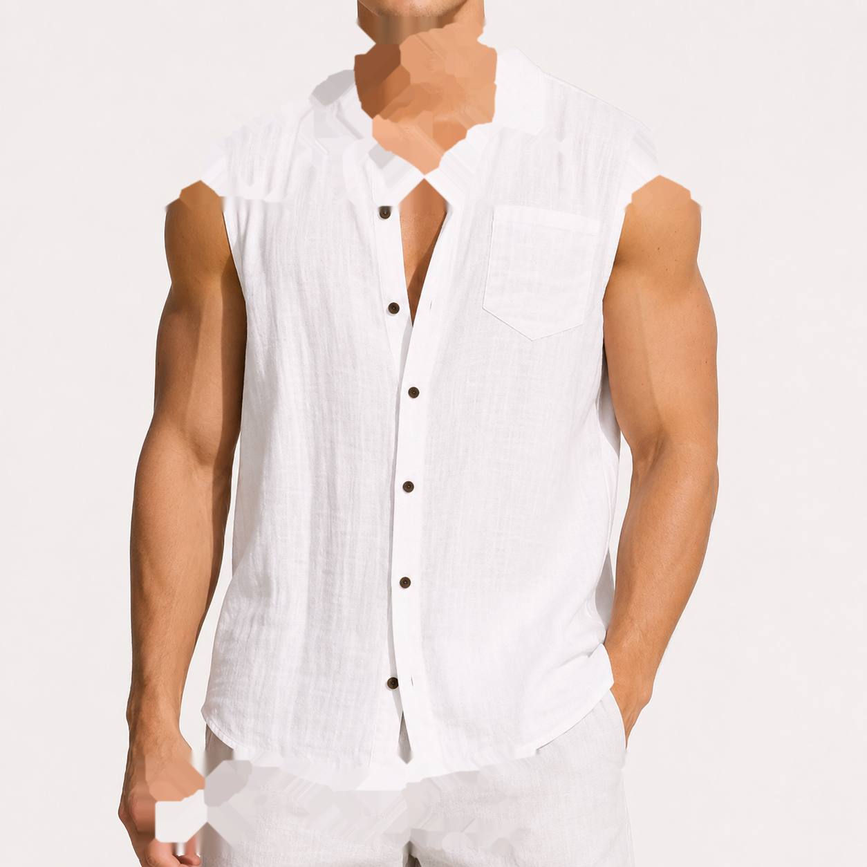 White men's sleeveless button-up shirt and shorts 8-pack