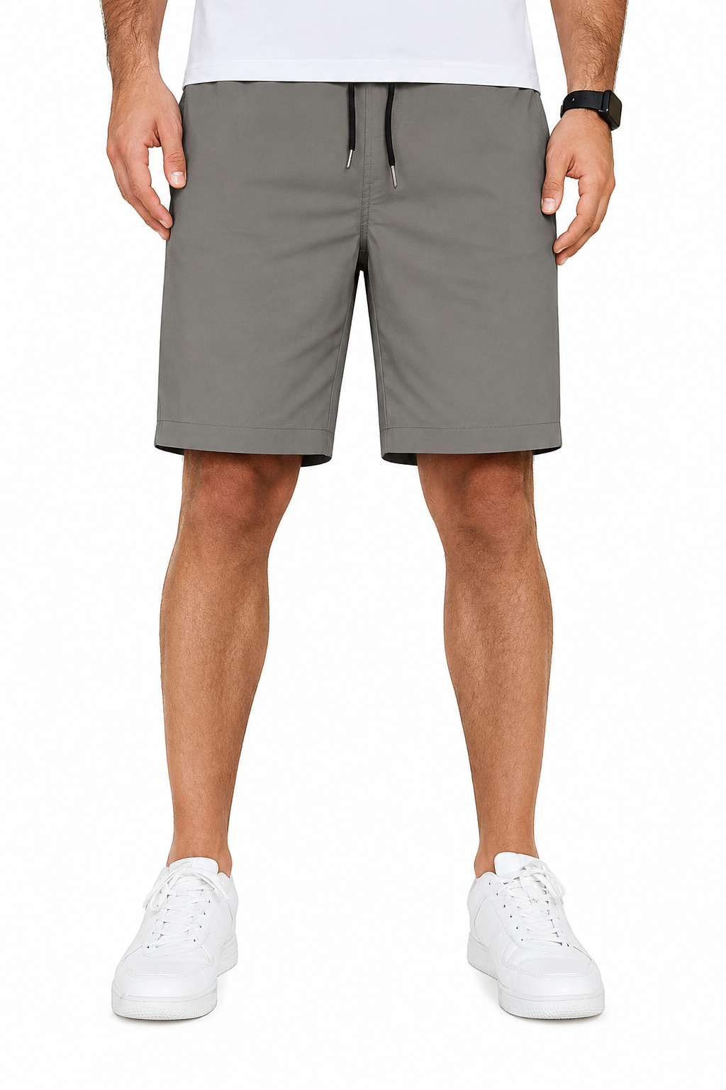 Driftwood Taupe men's woven drawstring shorts front view