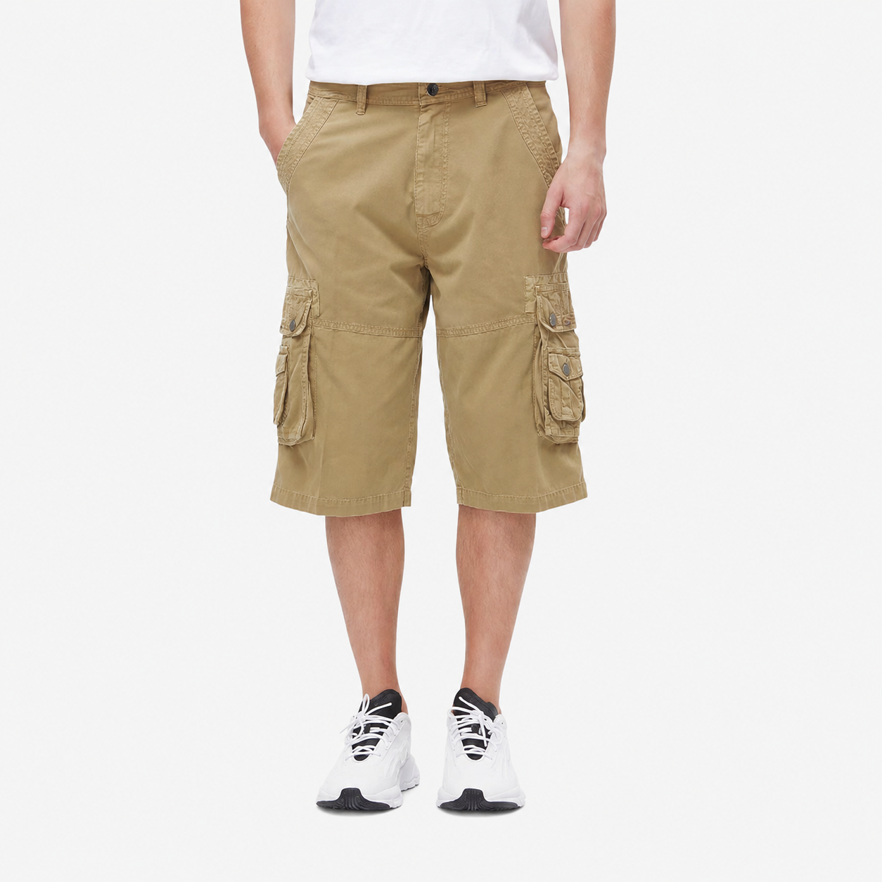 Mesa Khaki front view of the washed twill cargo capri pants