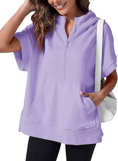 Women's Oversized Half Zip Hoodies Short Sleeve Casual Sweatshirts Pullover Tops with Pockets