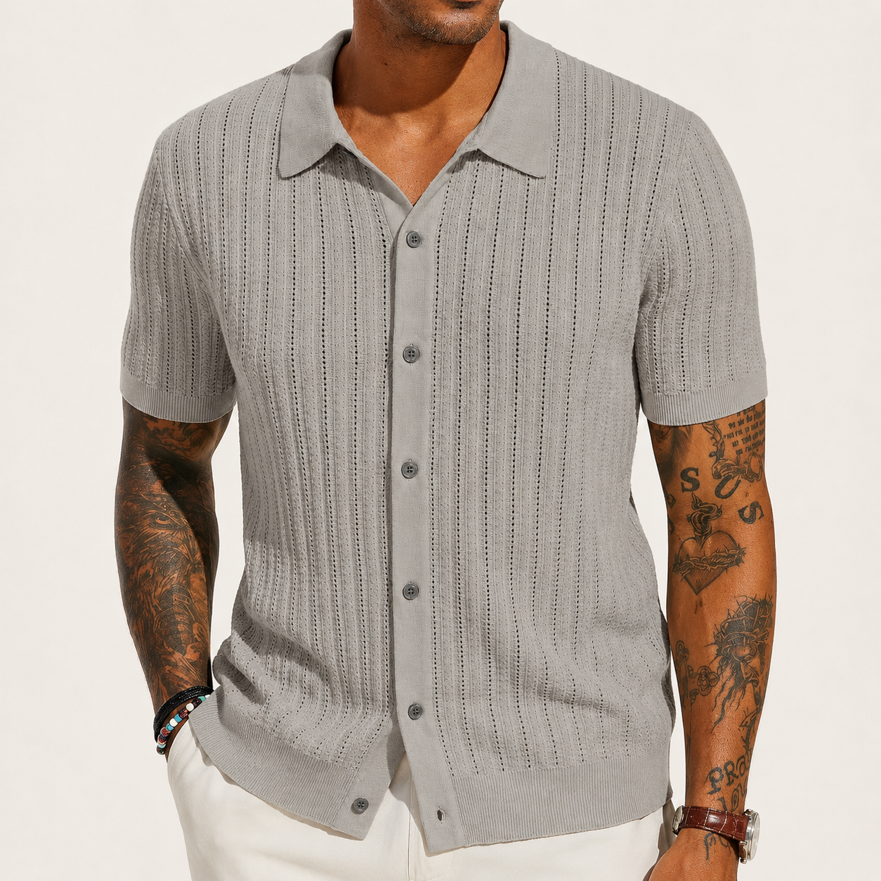 Heather Gray openwork knit button-up shirt