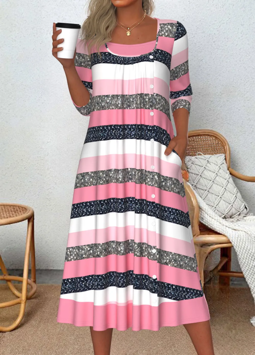 Light Blue Patchwork A Line 3/4 Sleeve Dress