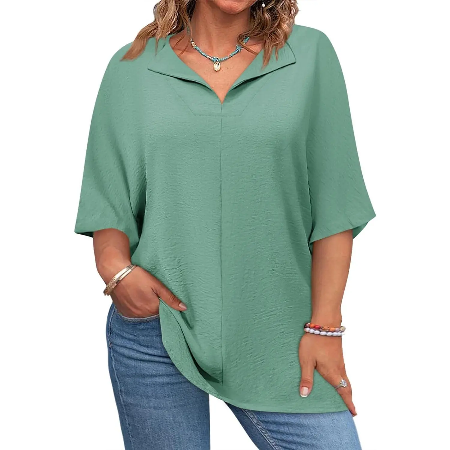 Mint green women’s casual V-neck loose-fit blouse