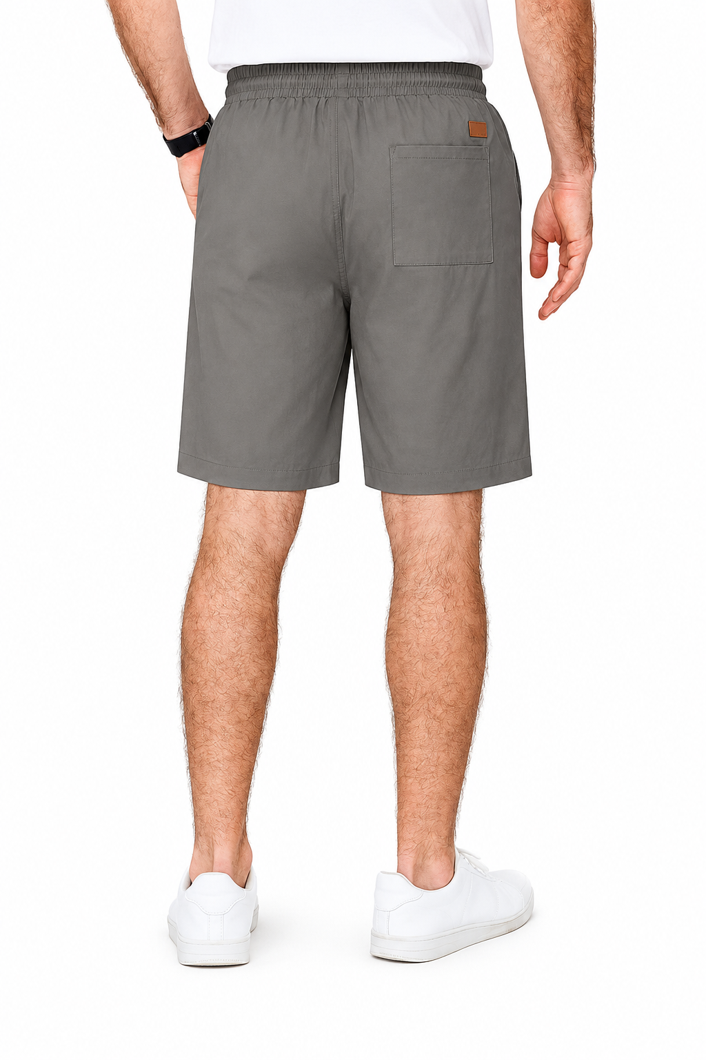 Driftwood Taupe men's woven drawstring shorts back view