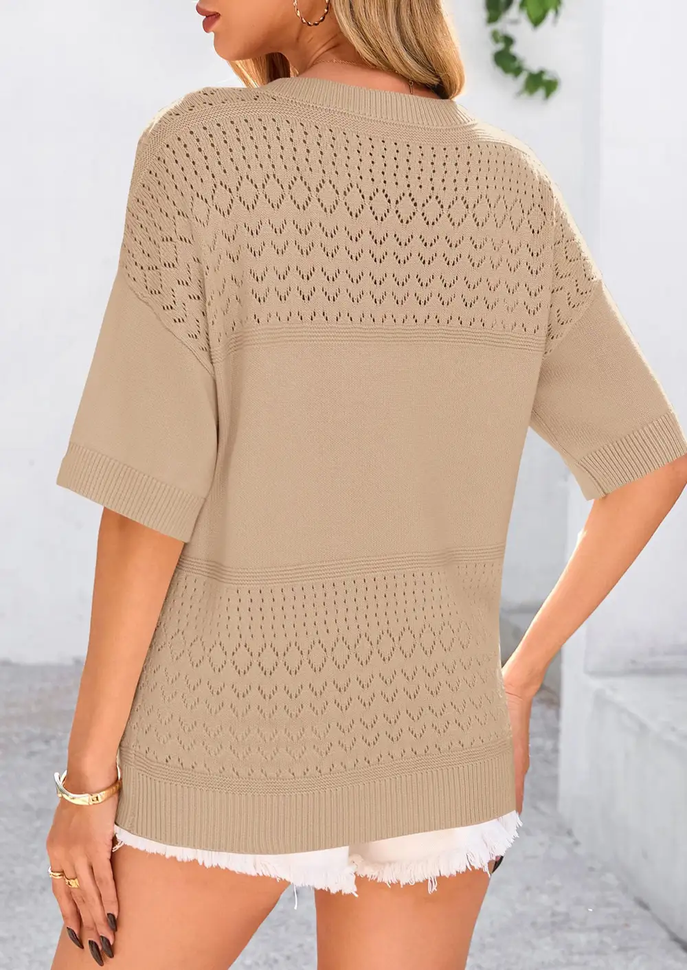 Women's ShortSleeve Sweater Tops SpringSummer Casual V Neck Ribbed KnitTrendy Eyelet Blouse T Shirts