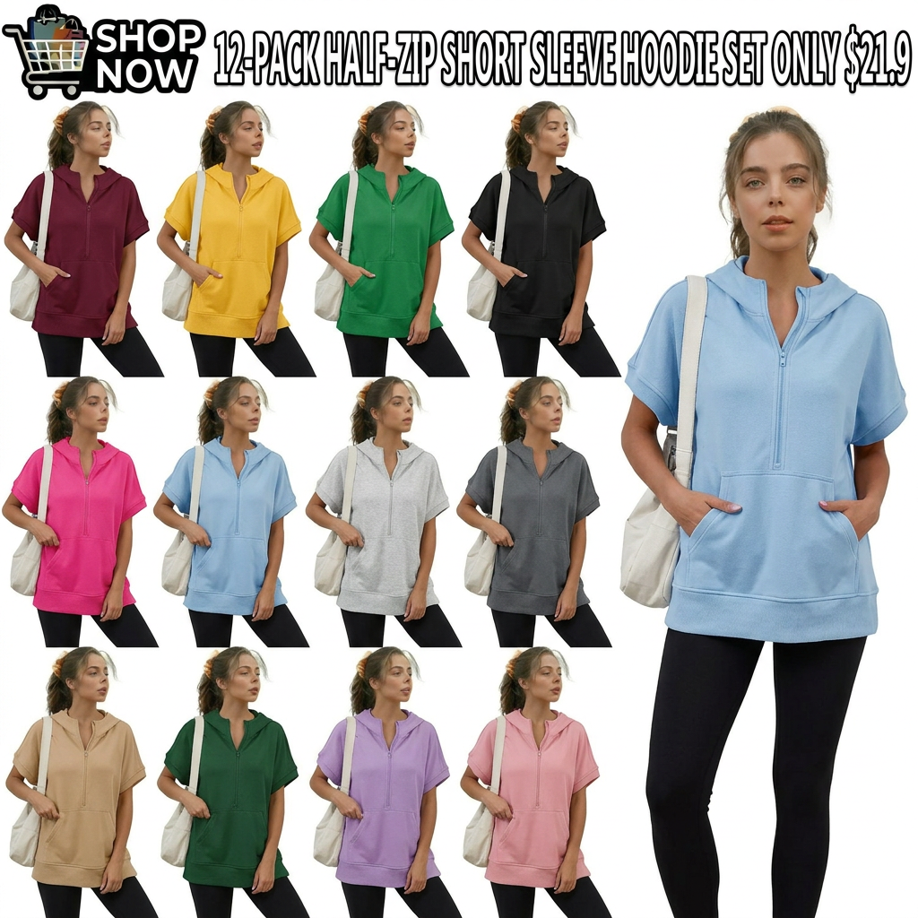 Show Now 12-PACK ONLY $21.9 Womens Oversized Half Zip Hoodies Short Sleeve Casual Sweatshirts
