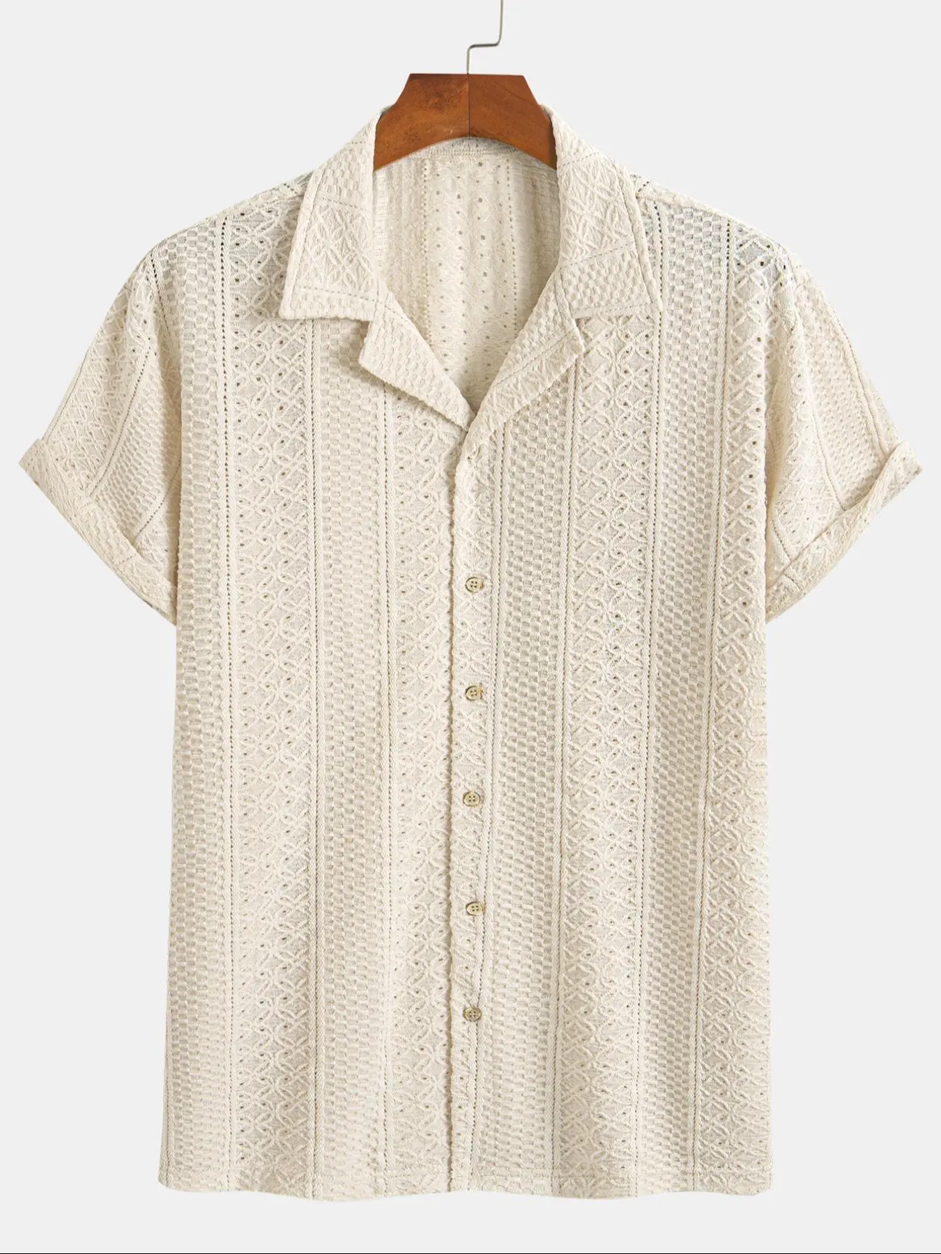 Men's Geometric Jacquard Short Sleeve Casual Shirt, Loose Breathable Relaxed Fit Casual Comfy Breathable Top for Summer