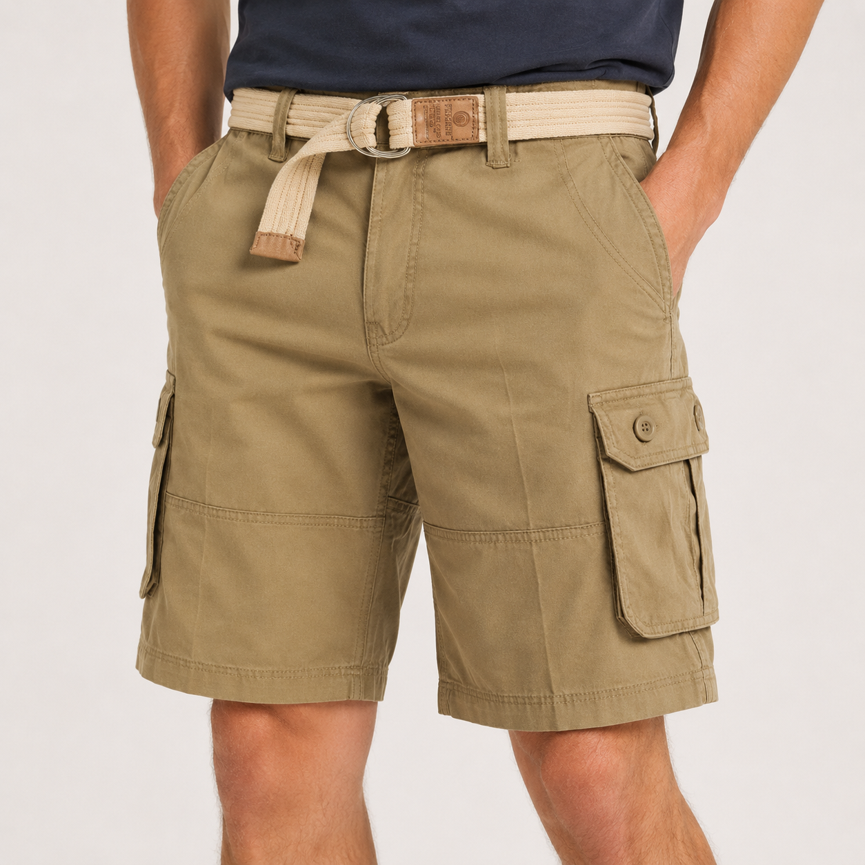 Khaki Tan men's belted cargo shorts front view