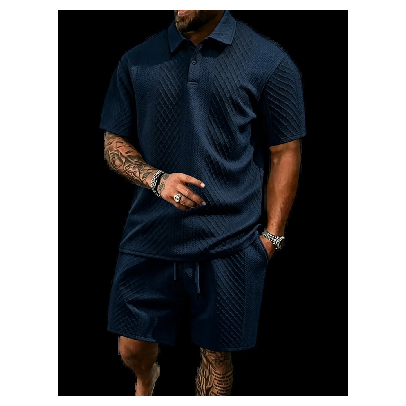 Men's Textured Polo Shirt & Drawstring Shorts Bundle Set
