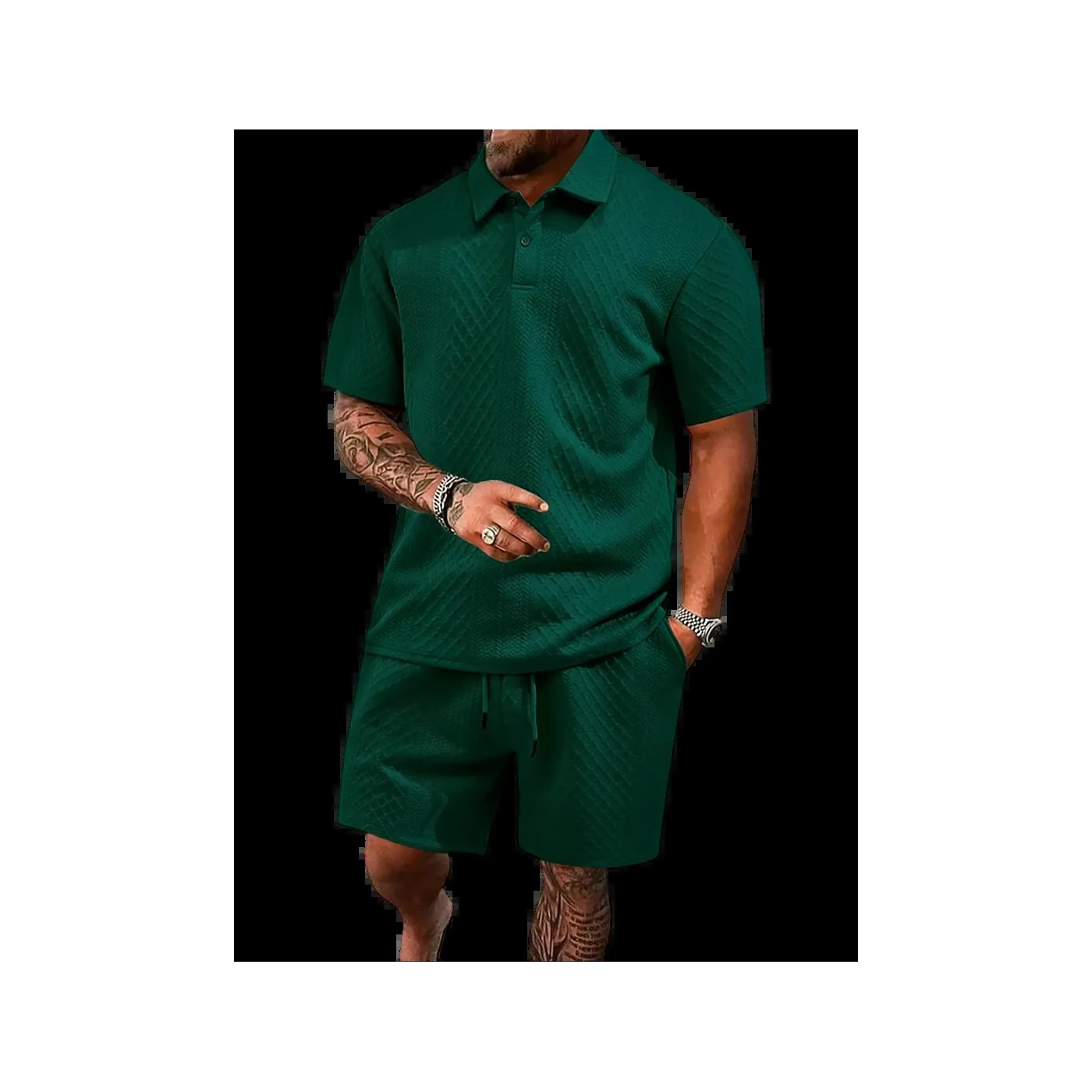Men's Textured Polo Shirt & Drawstring Shorts Bundle Set