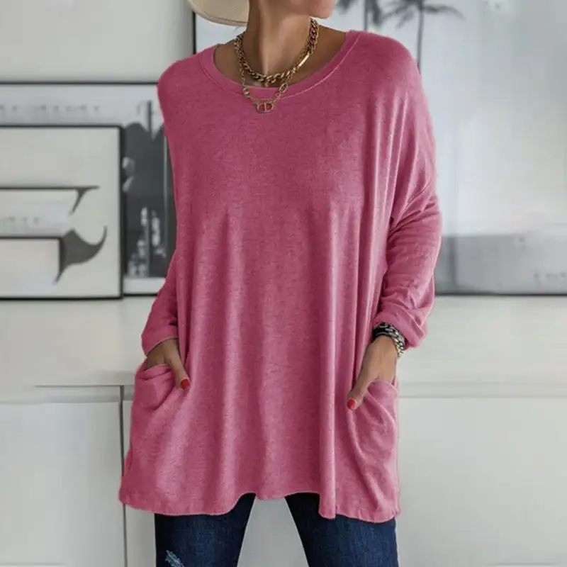 2026 Spring Summer New Round Neck Long Sleeve Pocket Solid T-Shirt
