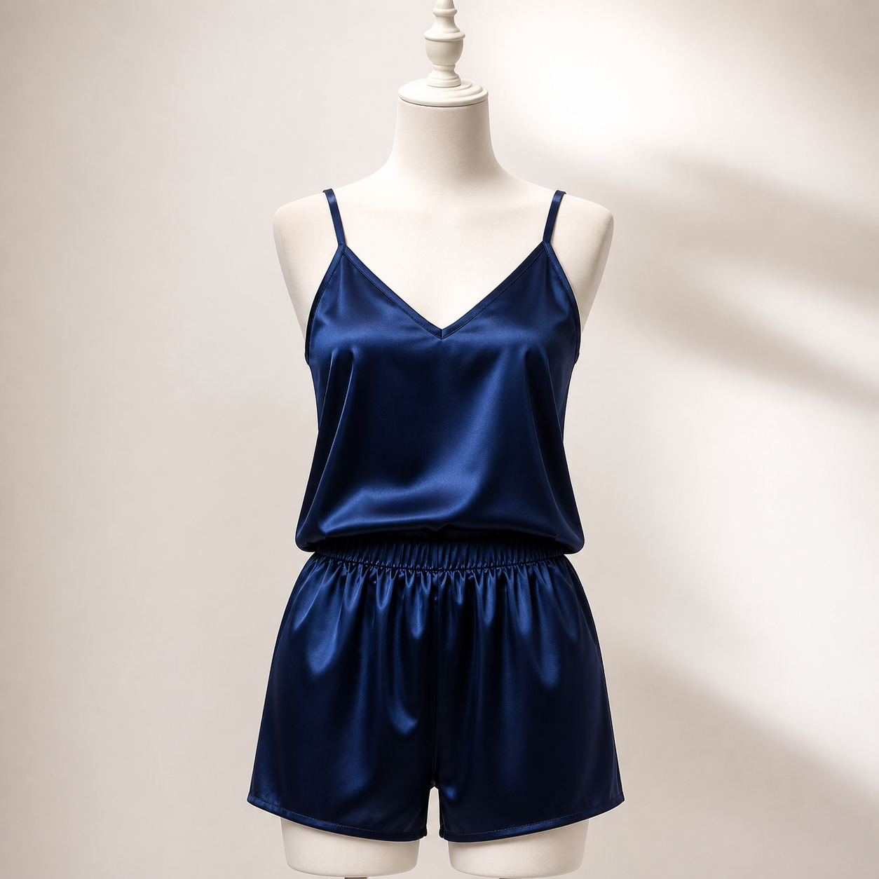 AI generated women's satin cami pajama set - sku navy blue