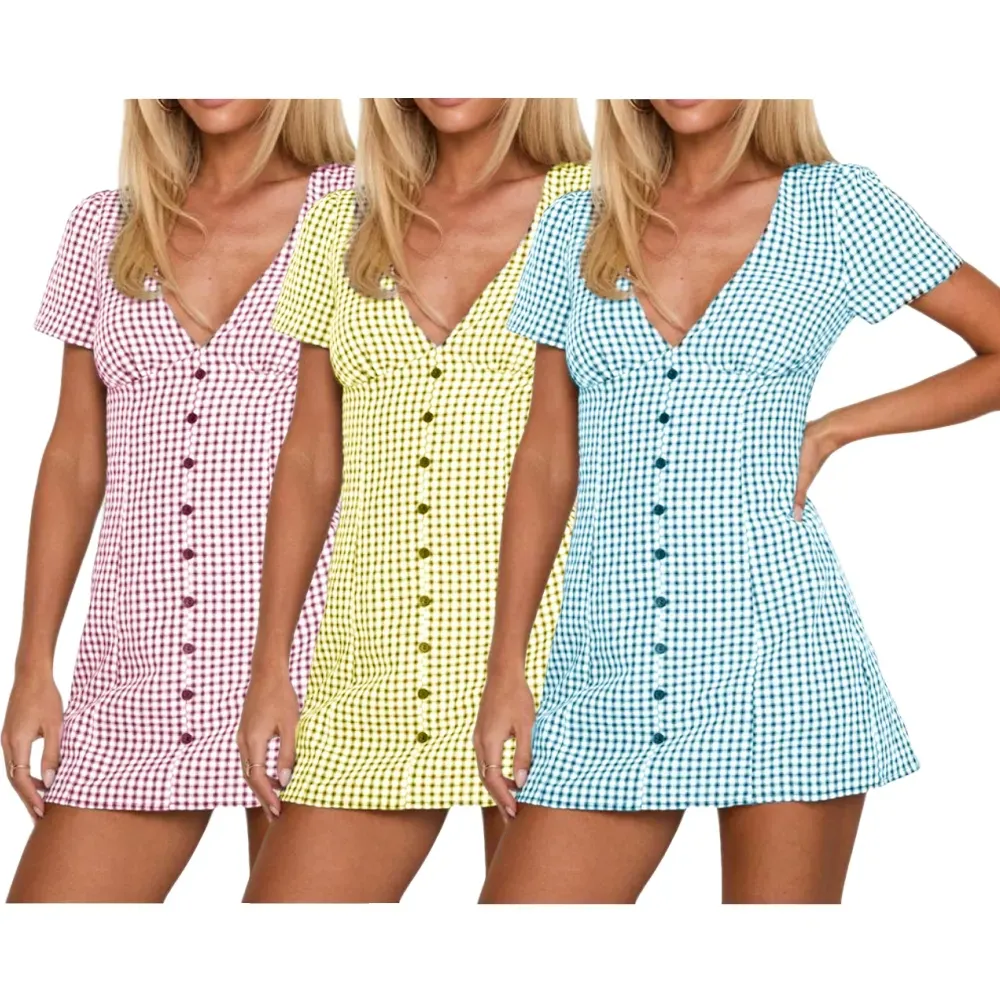 Women's Plaid Print Button Decor V Neck Shortsleeve