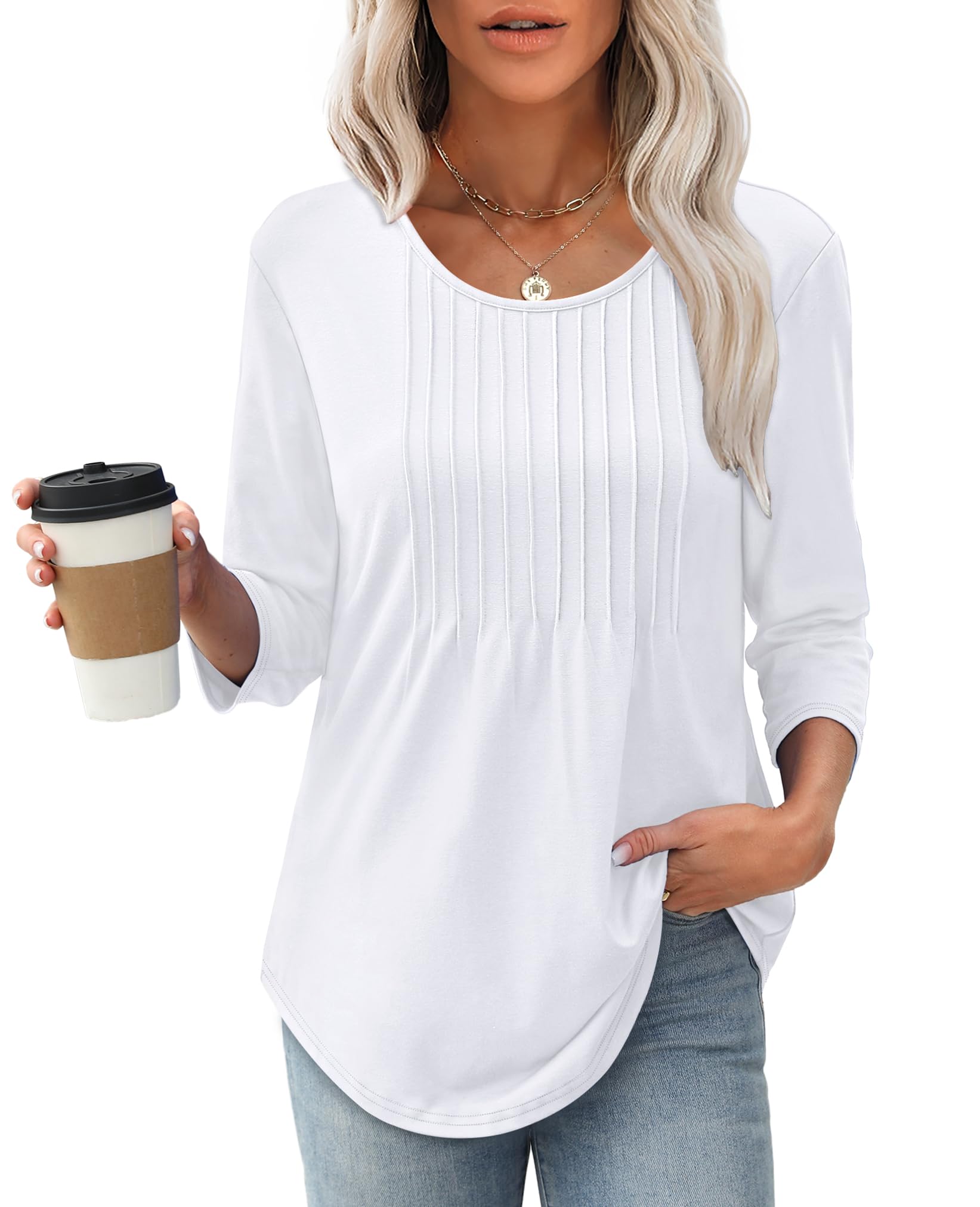 Women's 3/4 Length SleeveCrewneck Casual Pleated TunicTops