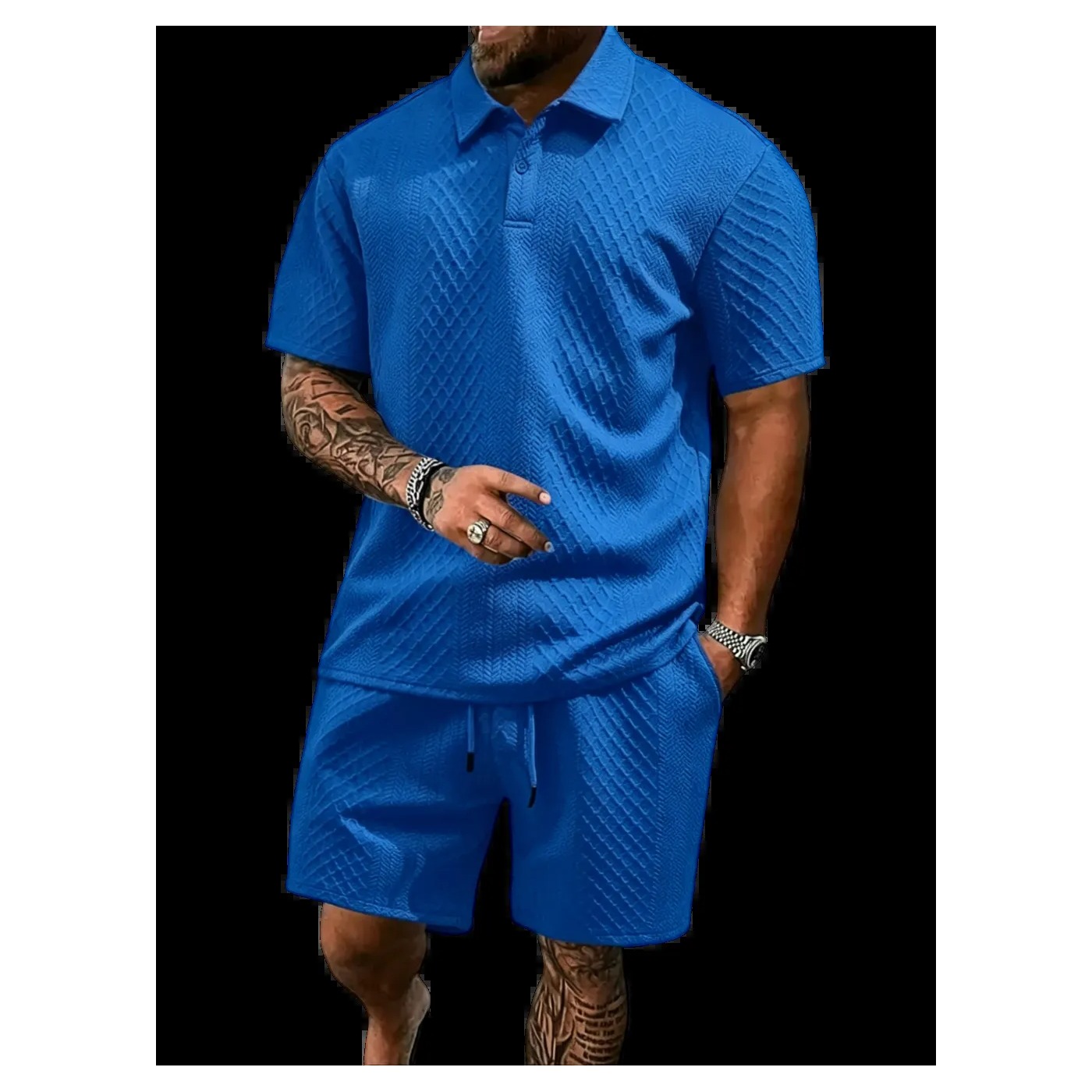 Men's Textured Polo Shirt & Drawstring Shorts Bundle Set