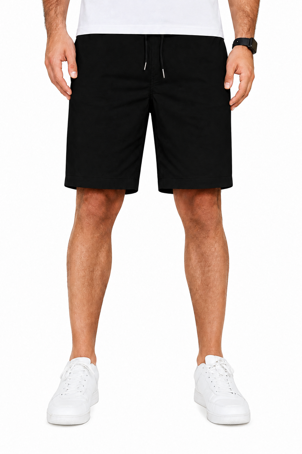 Jet Black men's woven drawstring shorts front view