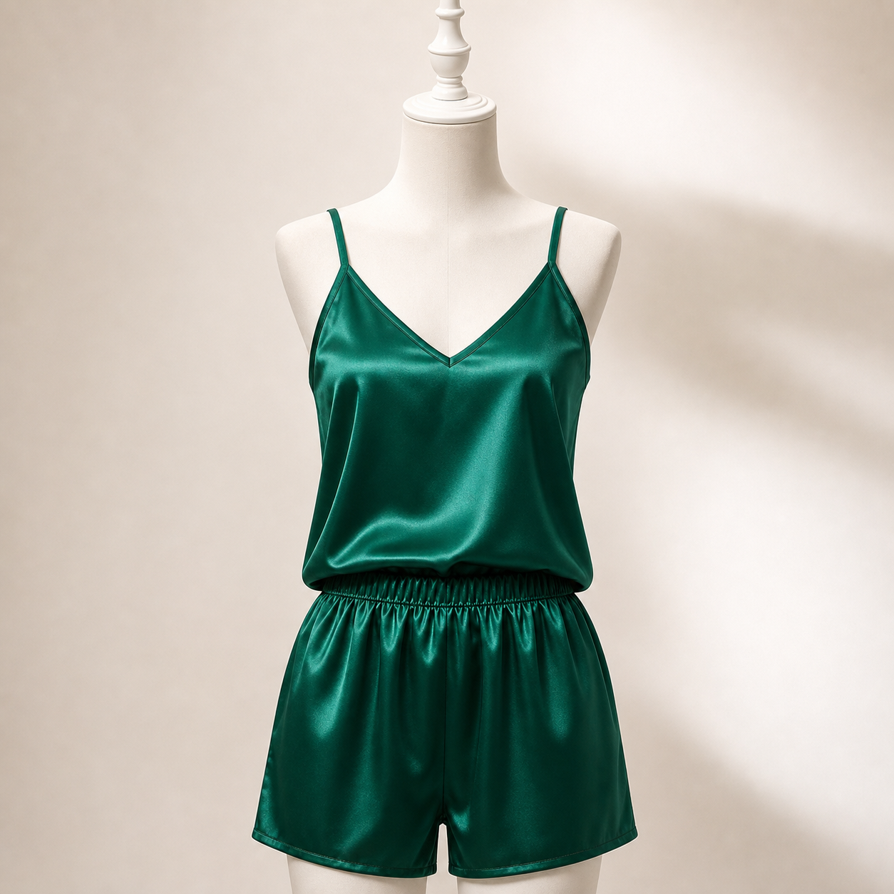 AI generated women's satin cami pajama set - sku emerald green