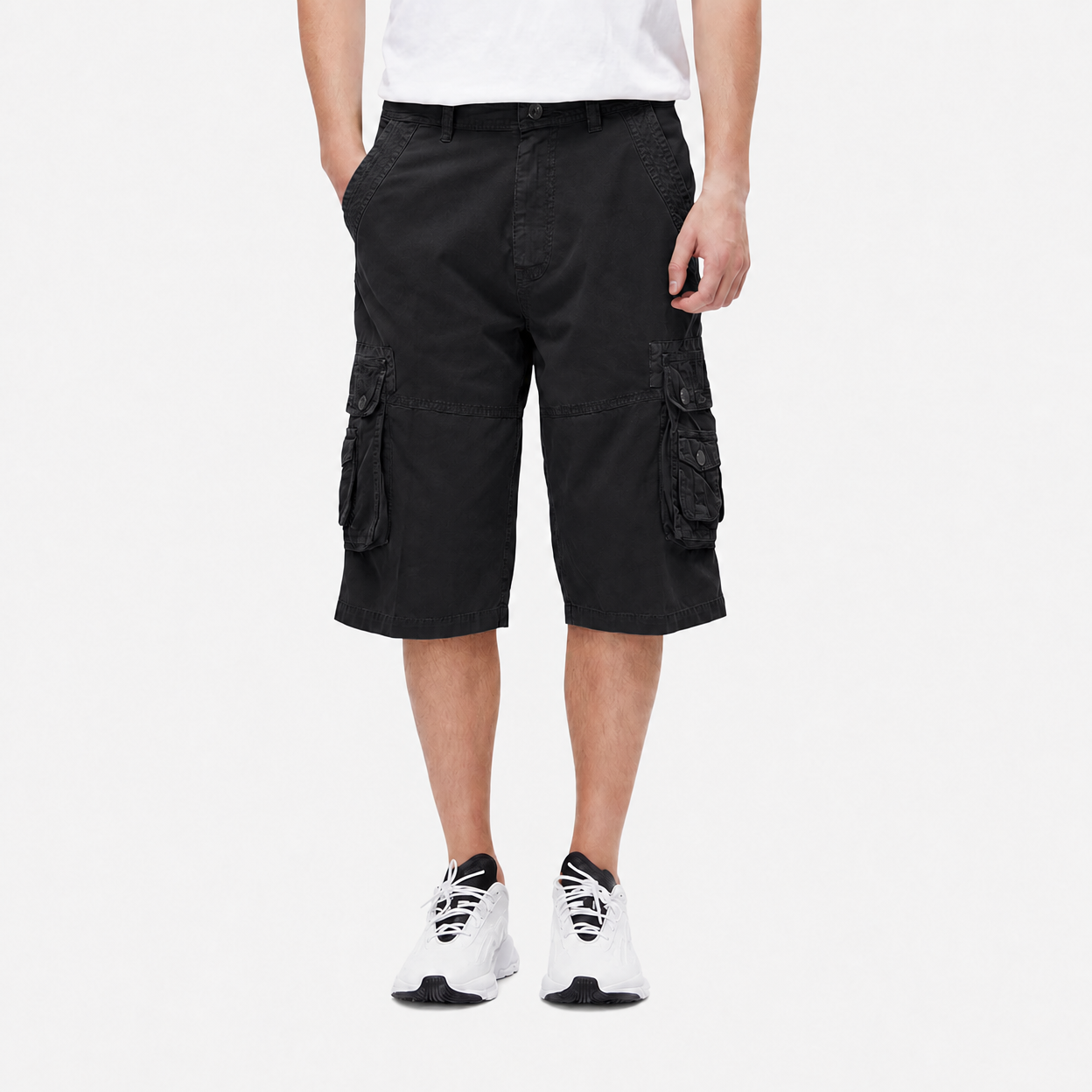 Tactical Black front view of the washed twill cargo capri pants