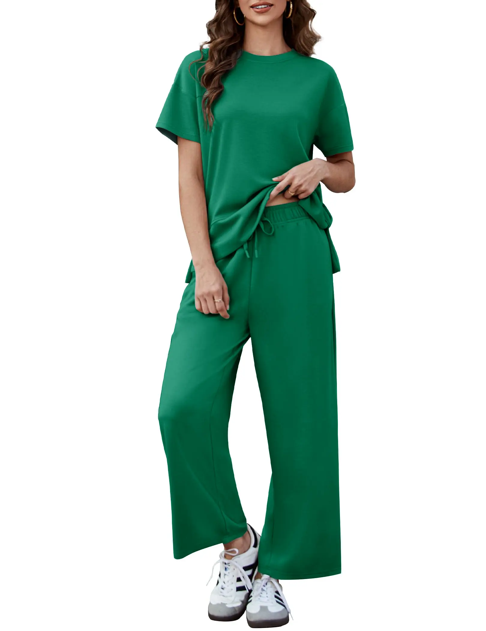 2 Piece Sets for Women Soft Short Sleeve Matching Lounge Set Wide Leg Pants Tracksuit Travel Summe Travel Kitr Outfits 2026 SwimWeek summerwins