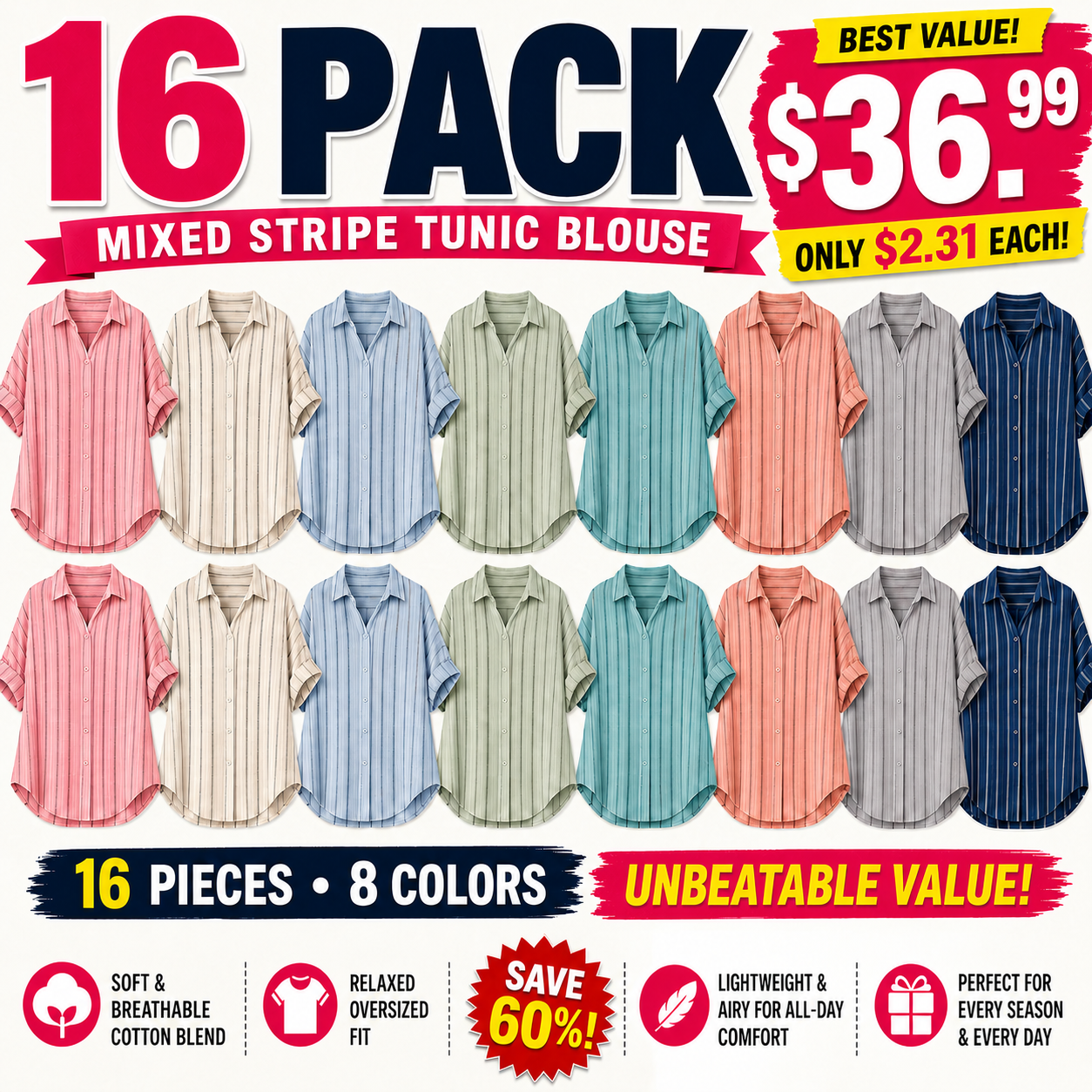 🔥Limited Deal 8-Pack Women's Cotton Linen Stripe Button-Front Tunic Blouses🔥