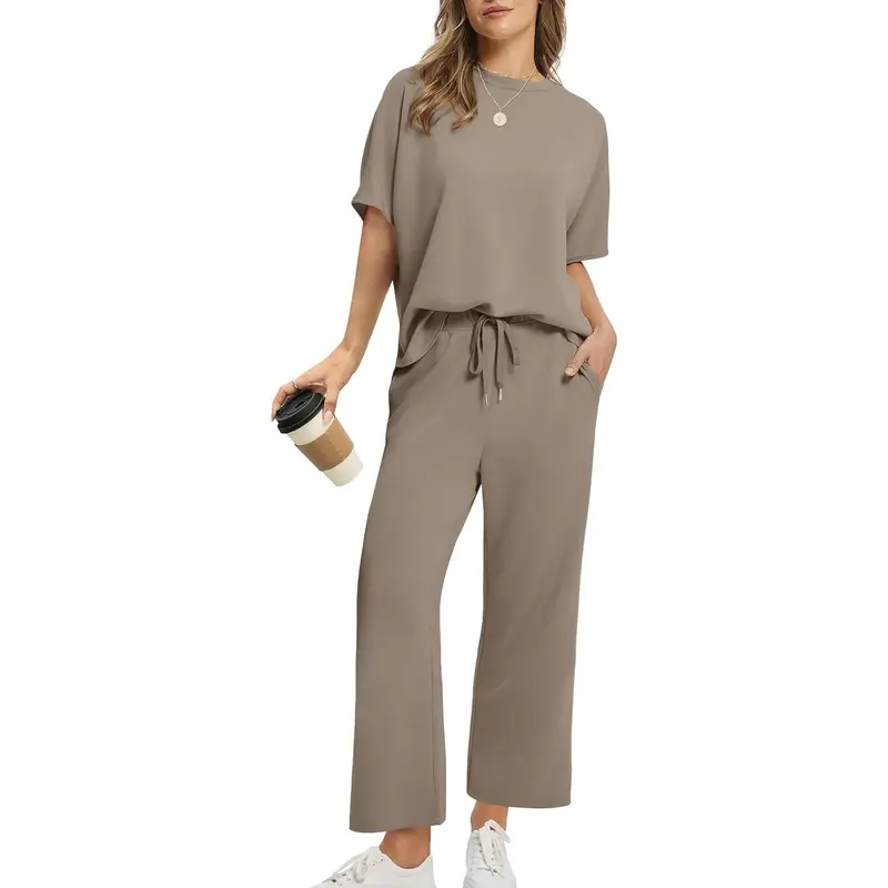 Two Piece Sets for Women Summer Outfits Oversized Wide Leg Crop Pants Lounge Sets Airport Beach Vacation Clothes |(Size Up 1-2 for Oversized Look) Casual Shortsleeve