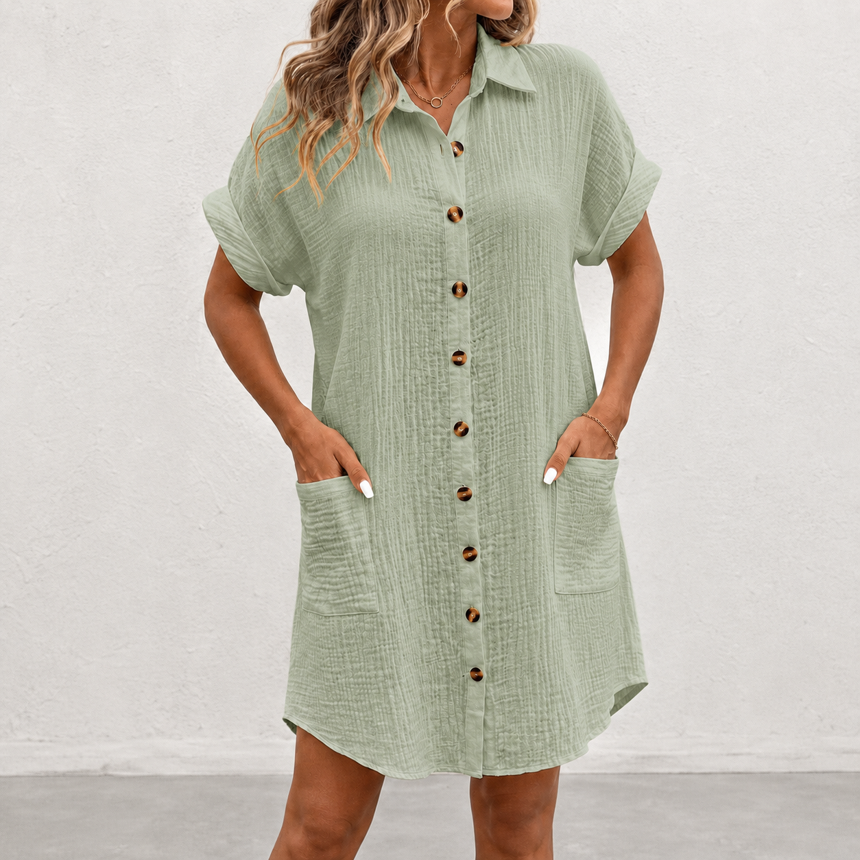 Sage green crinkle button down shirt dress