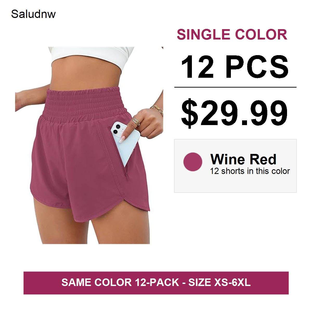 Single-color 12 pcs $29.99 women's athletic shorts - Wine Red