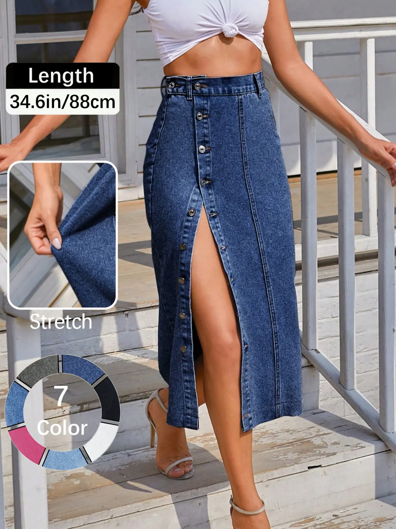 Jeans Women's Button Front Light Wash Denim Split Hem Skirt, Casual Fashion Fitted Skirt for Daily Wear, Ladies Bottoms for All Seasons, Button Fly Skirt